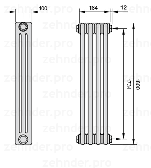 Схема (чертеж) Радиатор Zehnder Charleston 3180/4 №7610 Белый глянцевый RAL 9016